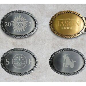 Motorcycle Chain Style Belt Buckle -  Silver  Bronze Finish Free Personalization